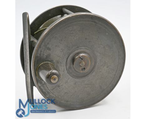 Hardy Bros Birmingham 3 ¾" bronzed fly reel with rod in hand and oval trademarks to winding plate, pillared construction, con