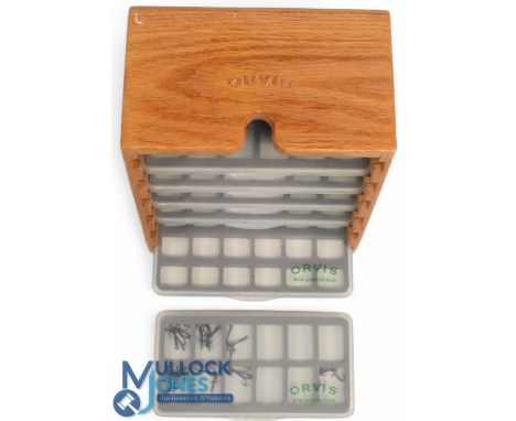 Orvis wood hook caddy with 6 plastic hook containers each 7 ¾" x 3 3 /4" with magnetic bases, 2x 18, 2x 6, 2x 12, with a quan