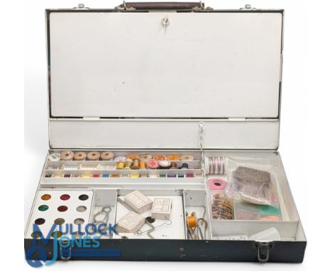 Period Metal Fly Tying Box, fitted for fly tying containing a good range of tools and accessories/material