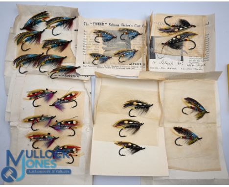 Selection of Hardy mid 20th century fully dressed Salmon Flies - features Black Doctor 4/0 x2, Black Dose American 1/0 x2, 1.