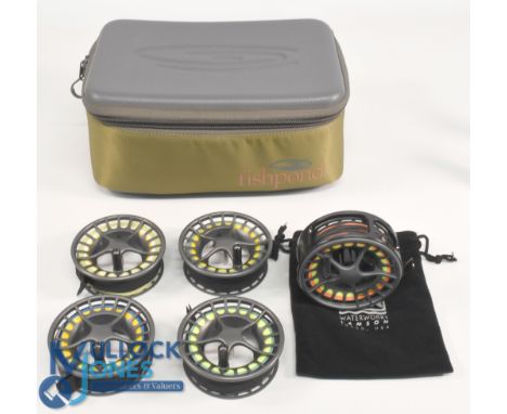Lamson USA Remix alloy R-7+ salmon fly reel with 4 spare spools, 4" large arbour ventilated spool, large black handle, large 