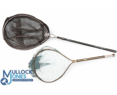 Two Folding Landing nets, by Mclean Angling New Zealand- with wear to net, Wychwood Rover, both aluminium framed