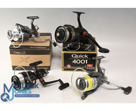 DAM Quick 4001 vintage spinning reel, front drag, c/w papers, spare parts in MOB, a similar 5001, black crackle finish body, 