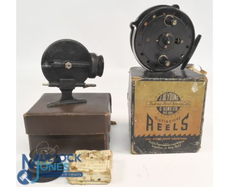 J W Young &amp; Sons "Trudex" alloy centre pin trotting reel, 4" ventilated narrow spool, 2 screw latch, twin handles, milled