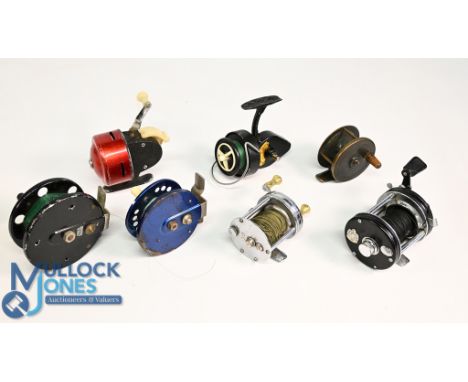 7x Various Reels - features an ABU Ambassadeur 6000C multiplier reel in black foot stamped 047200 with counter balance handle