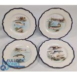 Set of four Royal Worcester plates, each with hand painted freshwater fish pattern with cobalt