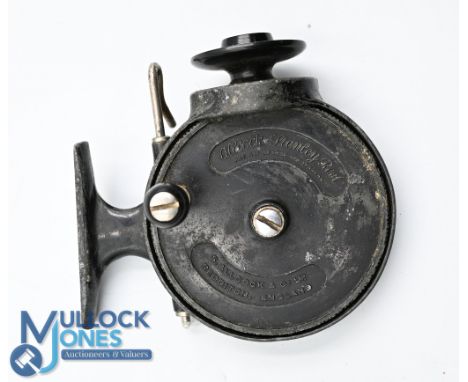 Allcock 'Stanley' Threadline spinning reel Pat no 276861 and 1755195, black handle, Bakelite spool, surface wear apparent