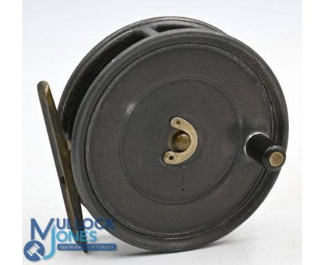 Hardy Bros 3 3/8" Uniqua alloy trout fly reel c1920s smooth brass foot, horseshoe latch, black handle, constant check, appear