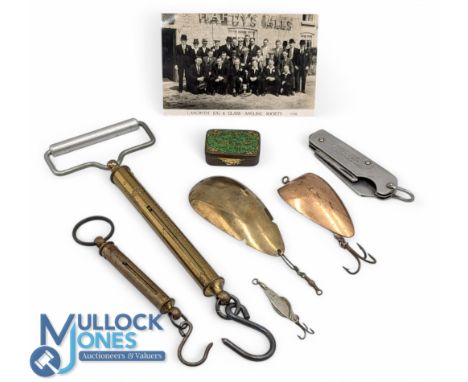 Assorted Vintage Ephemera - Hiram Wild Shefield pocket-knife, two brass Salter trout and salmon scales, Hardy small metal bai