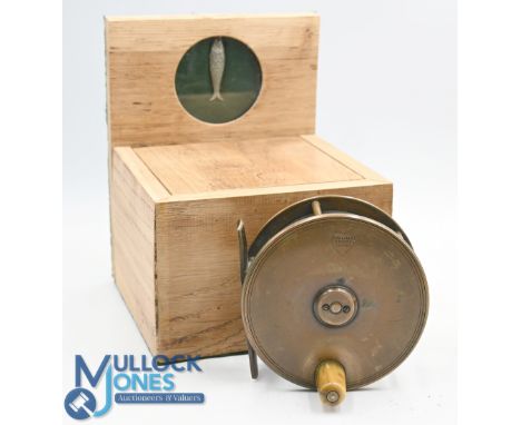 Gow &amp; Sons Maker Dundee brass salmon fly reel, 4 3/8" spool, domed horn handle, good check, full foot, looks original. Pl