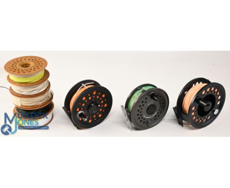 Leeda Rimfly Concept 375 fly reel, c/w 5 spare spools, holding variety of lines, in zip case, a Shakespeare Graflite 2755 fly