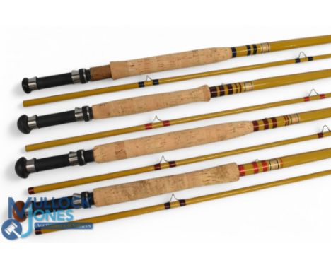 A collection of D Gibson Chester fibatube (Hardy?) trout fly rods, 8ft 2pc line 5/6#, down locking reel seats, lined strippin