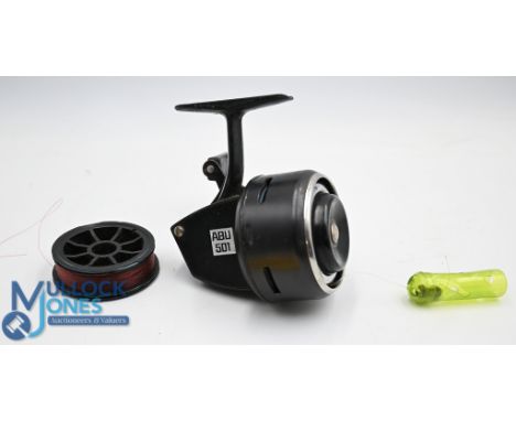 Abu 501 closed face reel, fine condition, working line release button, handle drag, retains most original finish, c/w spare s