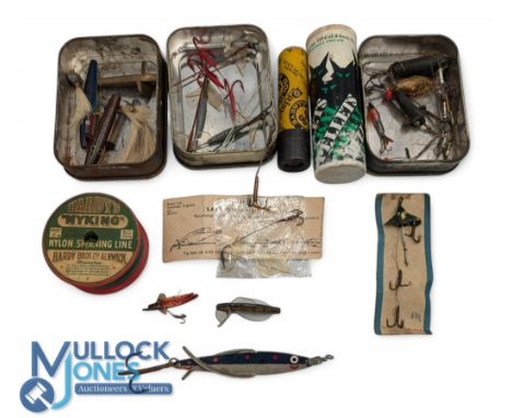 Period Fishing Tackle Ture Live Baits, to include a Hardys swimmer spoon 4", Hardy line, assorted lures BB pellets and air ri