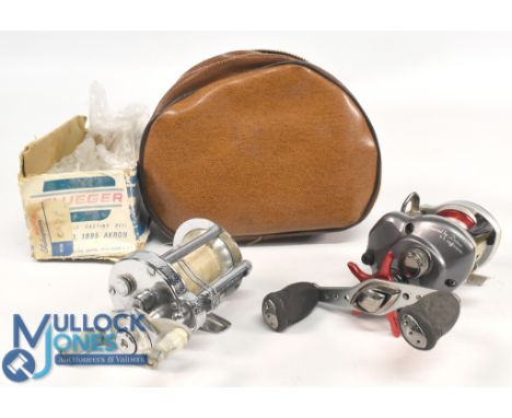 Pflueger Akron No 1895 bait casting multiplier, twin balanced handles, tensioner and on/off check. In zip case and original b