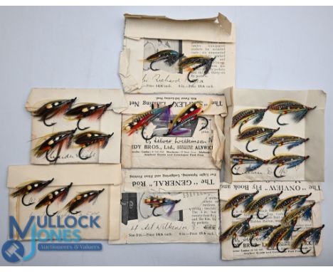 Selection of Hardy mid 20th century fully dressed Salmon Flies - features Silver Doctor 1/0 x6, 1 x8, Silver Wilkinson 3/0 x2