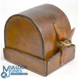 Chris Farlow London 'D' shape block leather reel case 4" x 2 ¼", some re-stitching, new strap and
