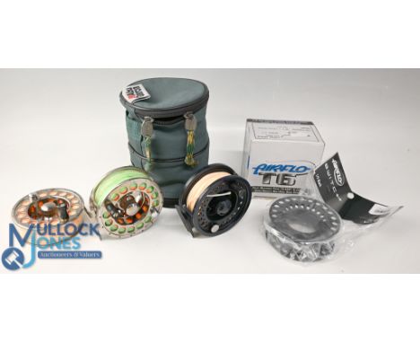 Airflo T6, 5/7 large Arbor fly reel, rear drag adjuster, c/w 2 spare spools, box, and an Airflo 5/6 large Arbor fly reel, chi