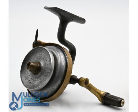 Illingworth No.2 casting reel, the alloy spool stamped "Patent 1908/10" and Oil Me Please, brass flyer with manual pick up, l