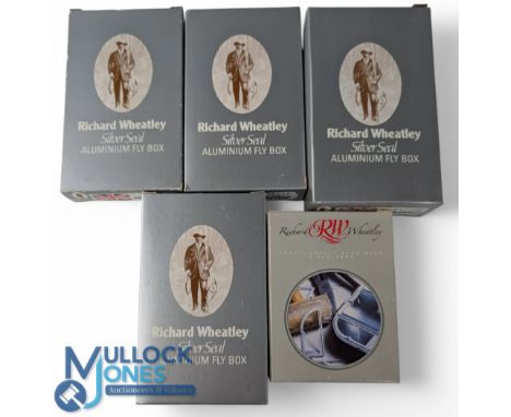 5x Wheatley alloy fly boxes, in clip, foam and dry fly format, all in original card outers, containing large collection of go