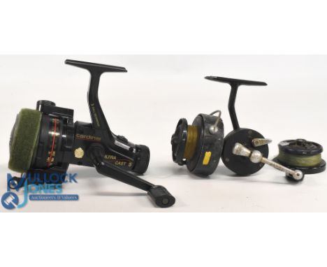 Abu Sweden Cardinal Ultra Cast 5 fixed spool reel, good bail, large rear spindle tensioner, very light use. Mitchell 314 fixe
