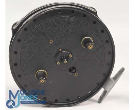 J W Young &amp; Sons "The Trudex" alloy centre pin trotting reel, 5 ½" ventilated shallow spool, 2 screw latch, twin handles,