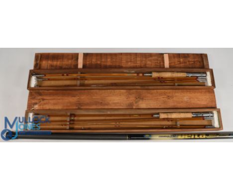 Interesting pair of boxed split cane combination fly/spin trout rods, 8ft 3pc with 2 spare tips, reversable handles with allo