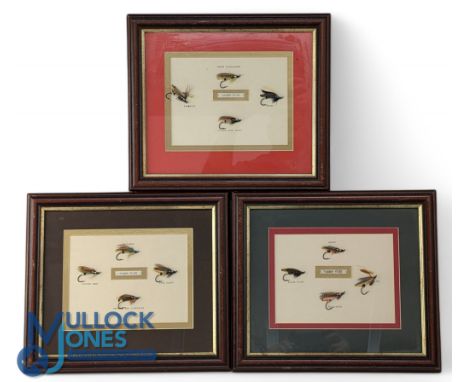 3x Framed Salmon Fly Displays, with 4 dressed flies in each - of Baron, Wilkinson, Black Fairy, Golden Olive, Green Highlande