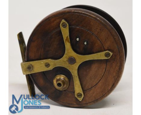 Early Coxon Aerial wooden starback reel with ebonite drum, twin crazed handles, 6 spoke with tension regulator, brass starbac