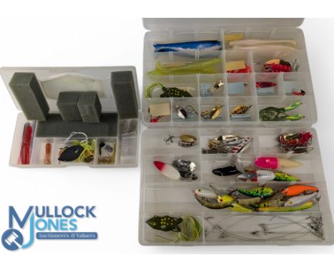 Collection of vintage/modern lures, including Mepps, Luhr-Jensen, Ray Baker custom spinners, flexible rubber baits, plugs and