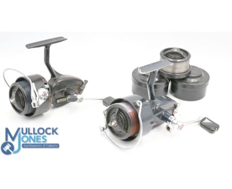 Garcia Mitchell Match reel, dark blue finish, screw fold handle, in zip case, a Mitchell 300A spinning reel, black with red s