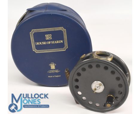 Hardy Bros "The St George" alloy trout fly reel, 3 3/.8" ventilated spool, 2 screw latch, black handle, milled rim tensioner,