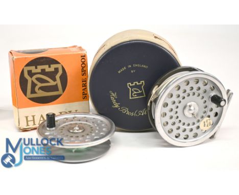 Hardy Bros "Marquis 7" alloy fly reel with spare spool, 3 7/16" ventilated spool, 2 screw latch, black handle, rear tensioner