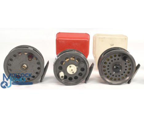 A collection of fly reels, as follows: Intrepid "Super" alloy fly reel, 3 ¼" ventilated spool, 2 screw latch, counter balance
