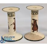 Royal Doulton Isaac Walton Ware unusual large candlesticks, painted angler scenes by Noke, almost