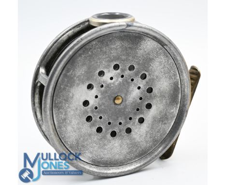 Hardy "Perfect" 3 7/8" alloy trout fly reel, ribbed brass foot, agate line guide, hairline crack alongside guide frame, does 