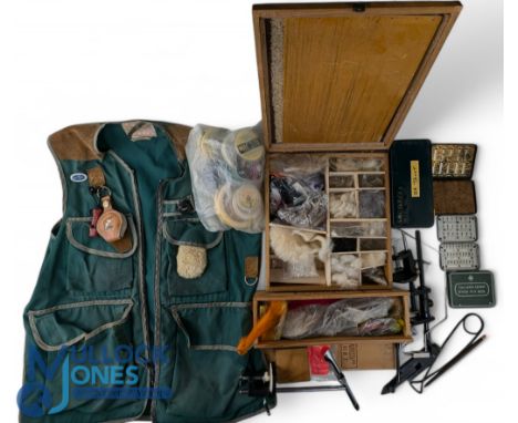 Fishing Accessories - 3x Fly tying vices and a gallows tool, box a various fly tying materials, a compartment box for wool an
