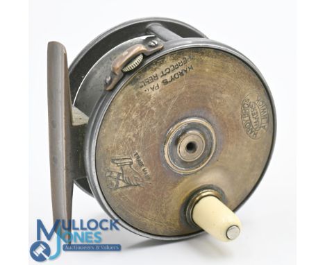 Rare Hardy "The Houghton" 2 5/8" wide drum, brass faced Perfect fly reel, face plate stamped with Rod in Hand, oval and strai