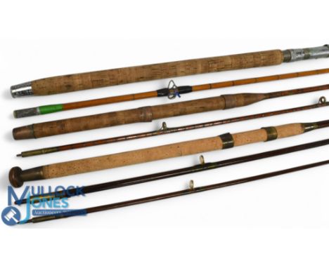 H Y Wilkes Redditch split cane pike rod 8ft 2pc brass fittings, lined rings, cloth bag. Unnamed greenheart pike rod, brass fi
