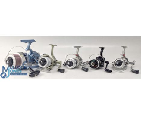 Collection of 5 vintage fixed spool fishing reels, including pair of Daiwa SS No.1 small spinning reels, in good working cond