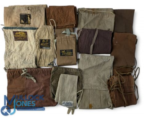 14x vintage cloth rod bags, showing labels by William Garden of Aberdeen, Hardy, and some unnamed and various cloth reel bags