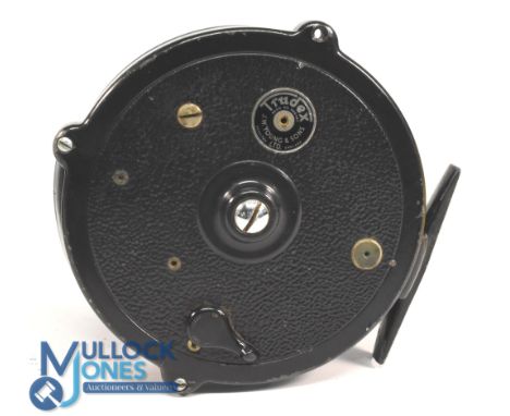 J W Young &amp; Sons "The Trudex" alloy centre pin trotting reel, 4" ventilated spool, 2 screw latch, twin handles, on/off ch