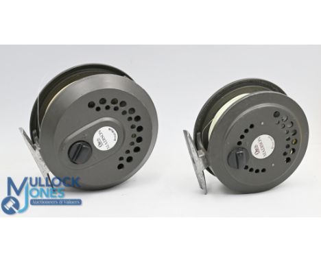 2x Orvis Madison alloy fly reels features a 4" example with counter balance weight, smooth alloy foot, line guide, rear drag 