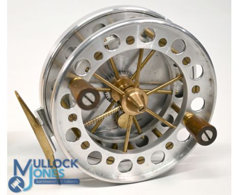 Interesting scratch custom built Ariel type centre pin, trotting reel, 4 ½"wide caged ventilated spool, twin reverse tapered 