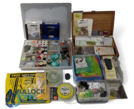 Collection of fly tying materials including feathers, dubbing, Chrystel twist and more, an Integra ever lock fly tying vice, 