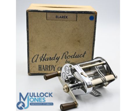 Hardy Elarex multiplier reel, with 3 embossed logos to end plate, fine little used condition, c/w Hardy paper ticket and orig