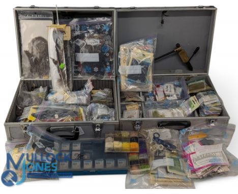 2x Aluminium fitted Fight Case with Fly-Tying Accessories, to include hooks, feathers, capes, flash, tools, wool, cotton, bea