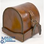 C Farlow & Co, The Strand, London, block leather reel case 4" x 3", hinge renewed, stitching good,