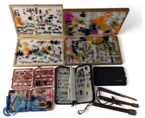 2x large wooden single tier fly reservoirs, containing good assortment of trout flies, lures, daddy long legs, buzzers etc, 3