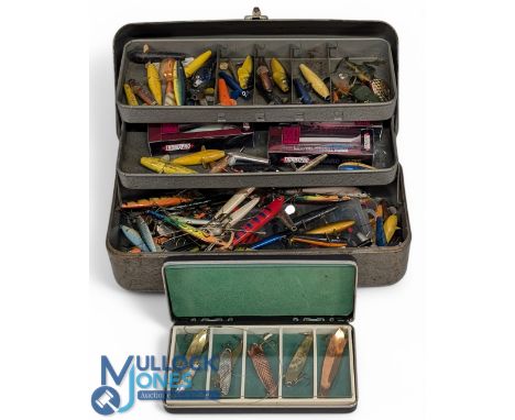 Quantity of fishing lures and plugs, by various makers, including Tronix, bag of Devon minnows, rubber baits, held in a My Bu